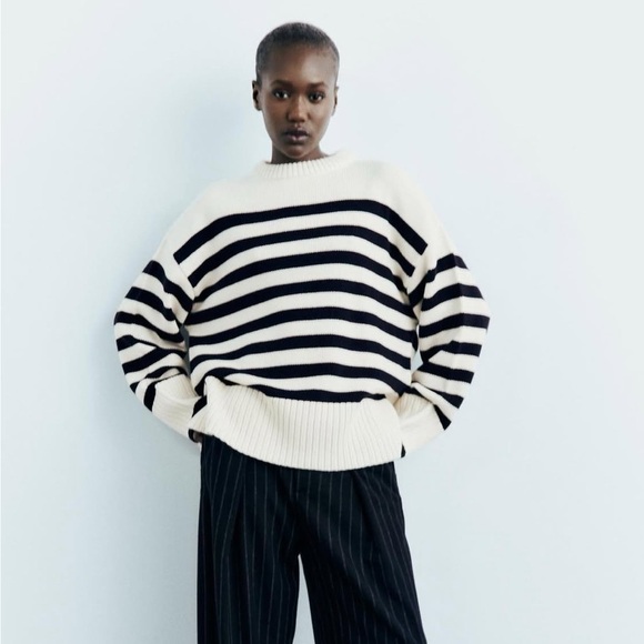 Zara Sweaters - Zara Wool Striped Sweater Cream Black